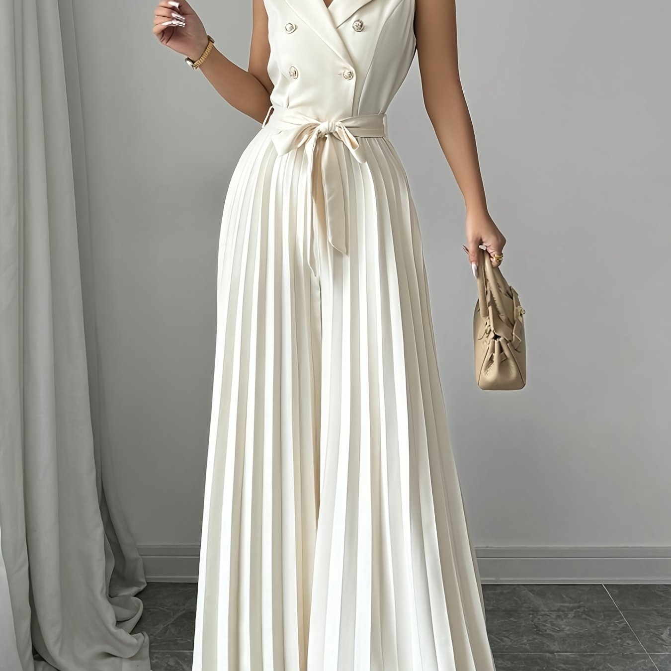 Women's Chic V-Neck Double-Breasted High-Rise Vest Jumpsuit - Beige Wide-Leg Pants, Formal & Casual Outfits - Machine Washable Non-Stretch Office to Party Jumpsuit, Ladies Rompers And Jumpsuits, Summer Outfit, Nontransparent Fabric