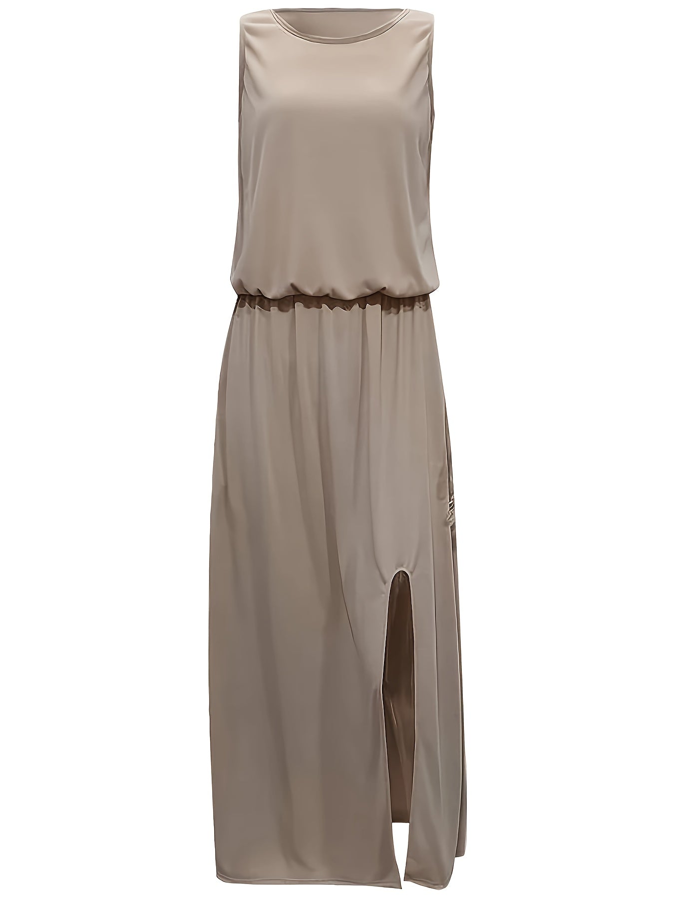 Women's Elegant Fitted Midi Dress - Soft Beige Round Neck, Machine Washable, All-Season Versatile for Casual & Formal Occasions