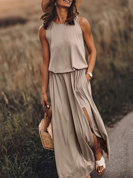 Women's Elegant Fitted Midi Dress - Soft Beige Round Neck, Machine Washable, All-Season Versatile for Casual & Formal Occasions