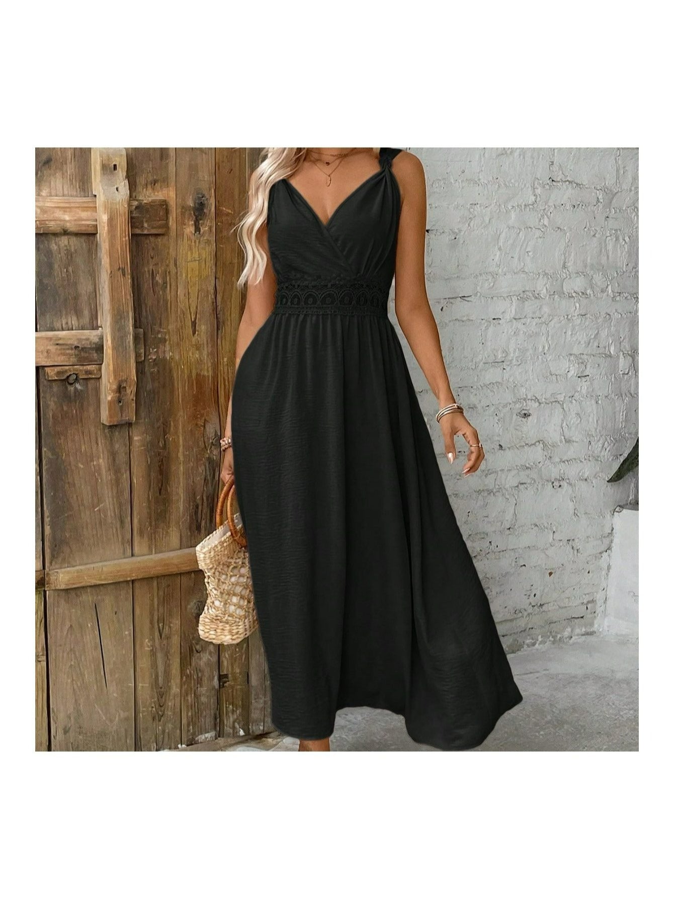 Women's summer solid waist cinched and off-the-shoulder V-neck dress