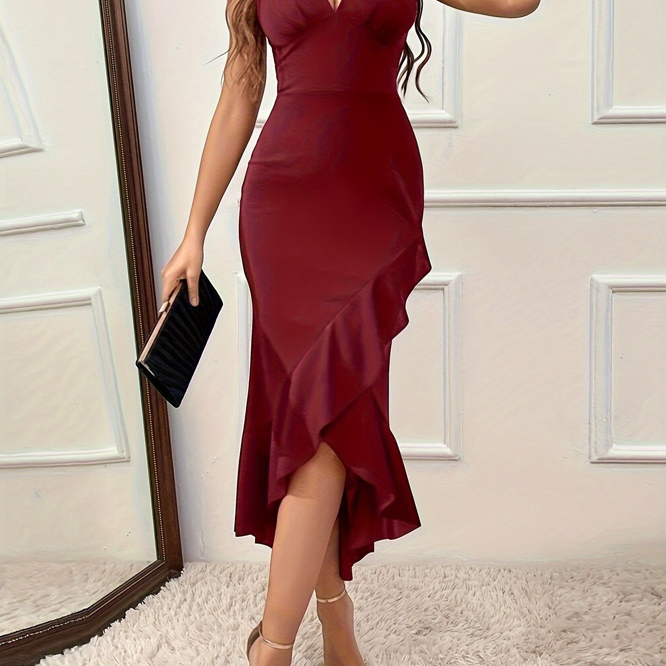 Women's Elegant V-Neck Ruffled Sleeveless Bodycon Dress - Asymmetrical Hem Mid-Length X-Silhouette, Machine Washable Solid Black for Spring\u002FSummer Casual & Formal Occasions