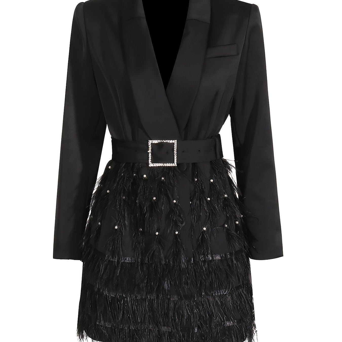 Womens Elegant Tassel Blazer Mini Dress Pearl Beading With Belt Party Wedding Prom Suit Fashion