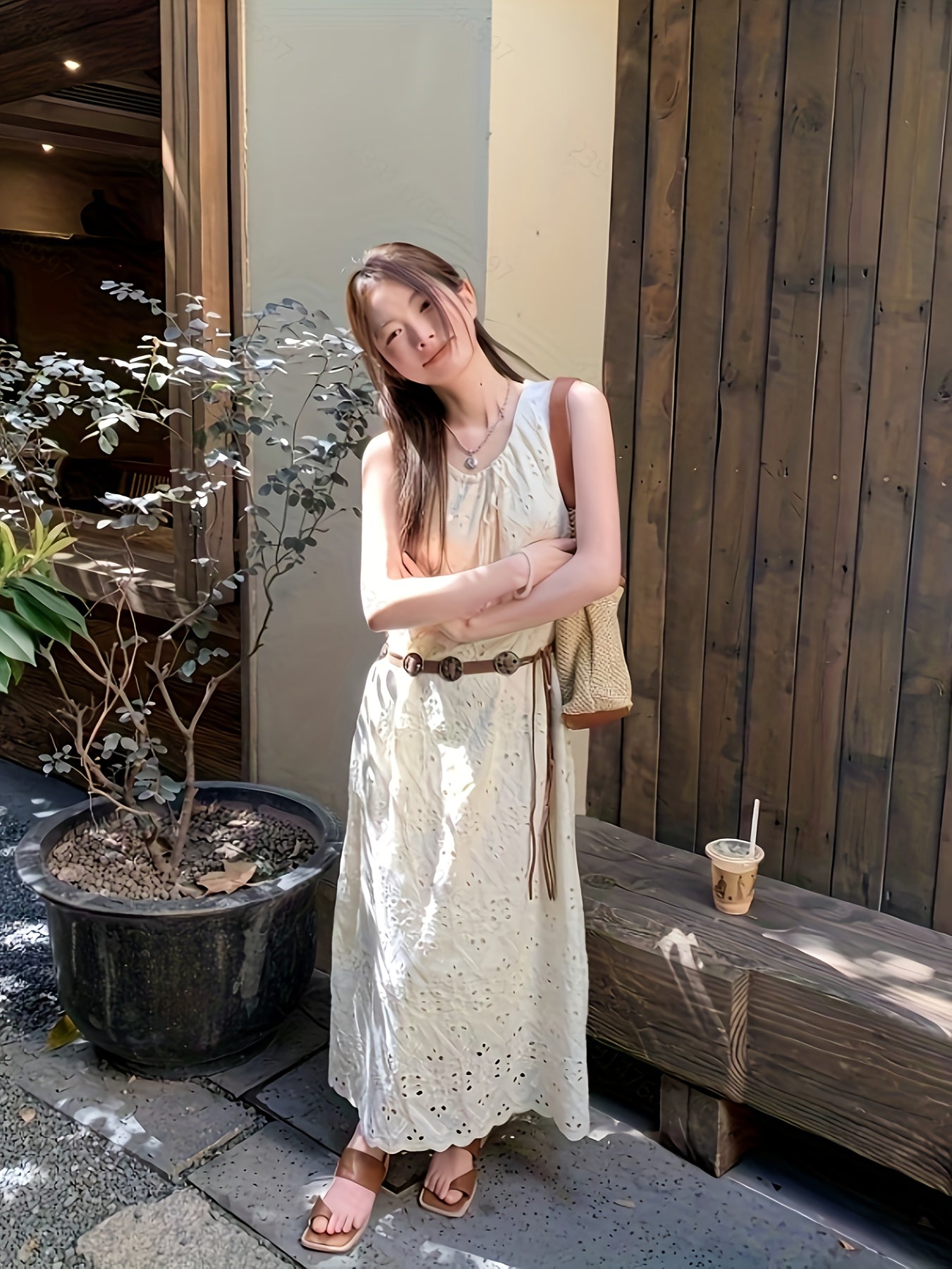 Korean Style Chic Lace Embroidered Tie-Back Midi Dress for Women - Sleeveless, Loose Fit, Summer Casual Wear with Bonus Belt, No Padding, Korean Fashion|Trendy Midi|Lace Detailing, Cute Dresses