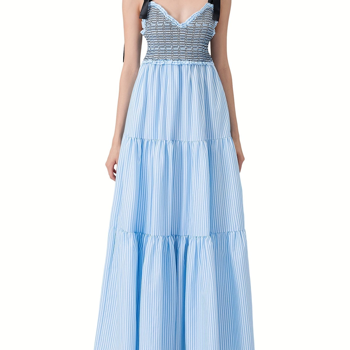 Women'S Sleeveless Ruffle Tiered Maxi Dress - Polyester and Spandex Blend with Striped Print, Spaghetti Strap, A-Line Skirt for Vacation, Spring\u002FSummer\u002FFall