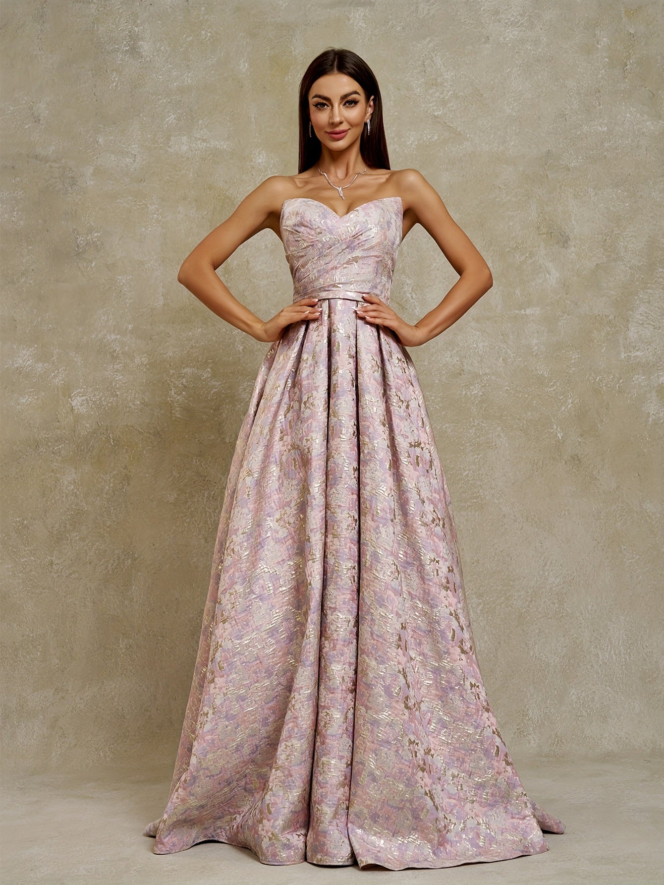Women's Strapless Geometric Jacquard Evening Gown with Ruffled Hem - Elegant Fitted Top & Flowy Skirt, Hand Wash Only, Perfect for Weddings, Galas, Formal Parties & Family Dinners, Formal Evening Gown