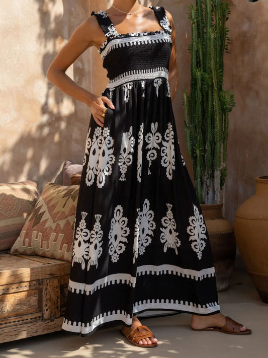 Women's Vintage Boho Floral Print Sleeveless Open Back Long Cami Dress - Square Neck A-Line Flared Hem Summer Vacation Dress for Beach & Casual Outings, Beach Dresses, Holiday Outfit, Comfortable Fit, Feminine Style