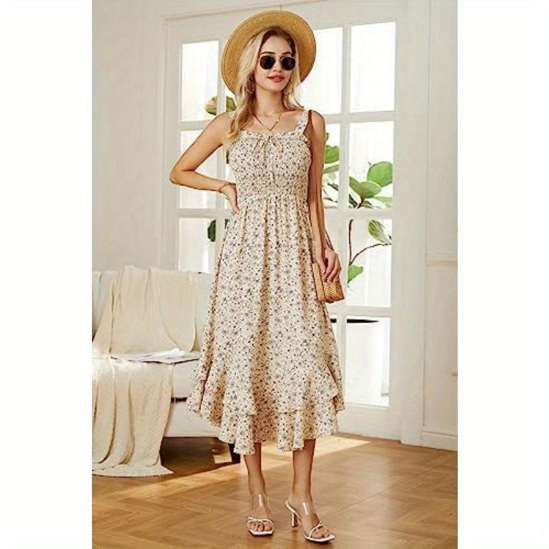 GRACE KARIN Women'S 2025 Summer Floral Boho Dress Square Neck Strapped Swing A Line Sundress Beach Long Maxi Outfits