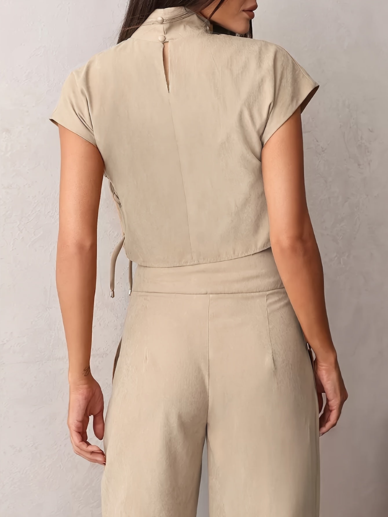 Women'S Elegant Beige Polyester Suit with Drawstring Detail - Short Sleeve, Button-Up Top & Wide-Leg Pants for Spring\u002FSummer, Casual Attire|Elegant Suit|Polyester Fabric