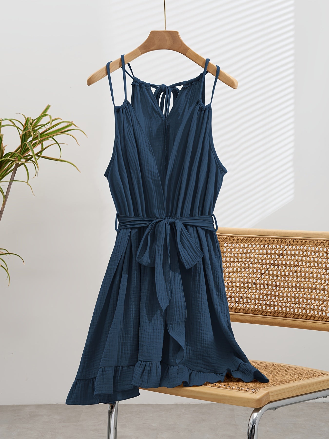 Women's Bohemian Style Solid Color Spaghetti Strap Casual Mini Dress