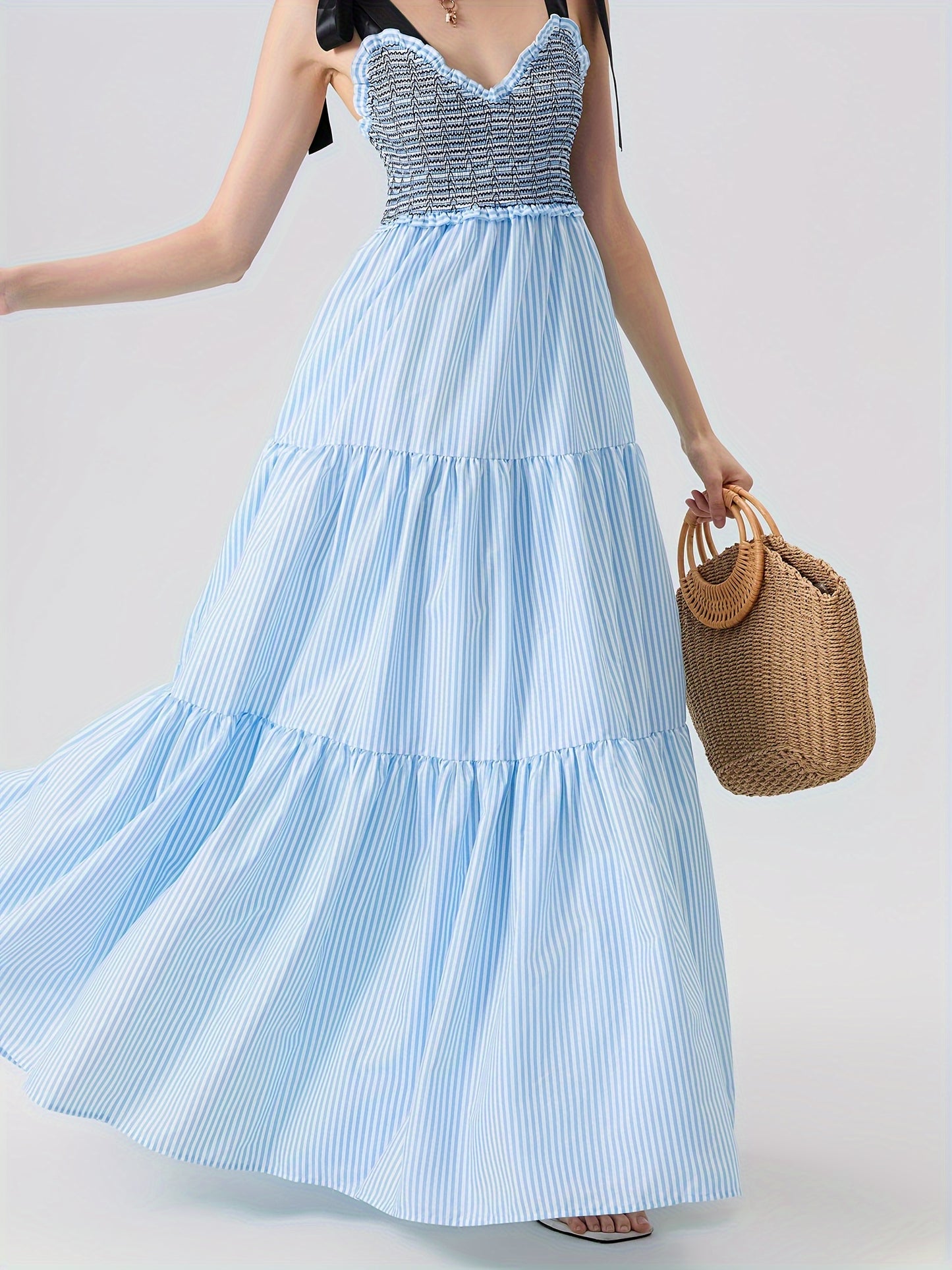 Women'S Sleeveless Ruffle Tiered Maxi Dress - Polyester and Spandex Blend with Striped Print, Spaghetti Strap, A-Line Skirt for Vacation, Spring\u002FSummer\u002FFall