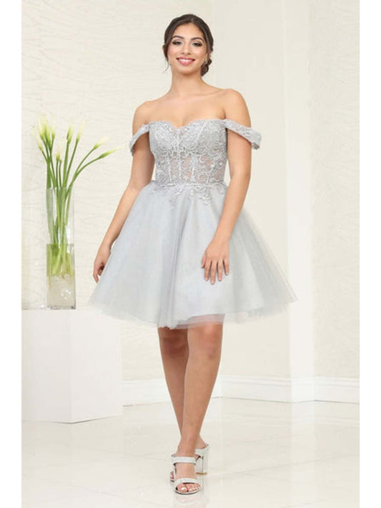 Off-Shoulder Short A-Line Glitter Tulle Cocktail Dress with Lace Corset Back