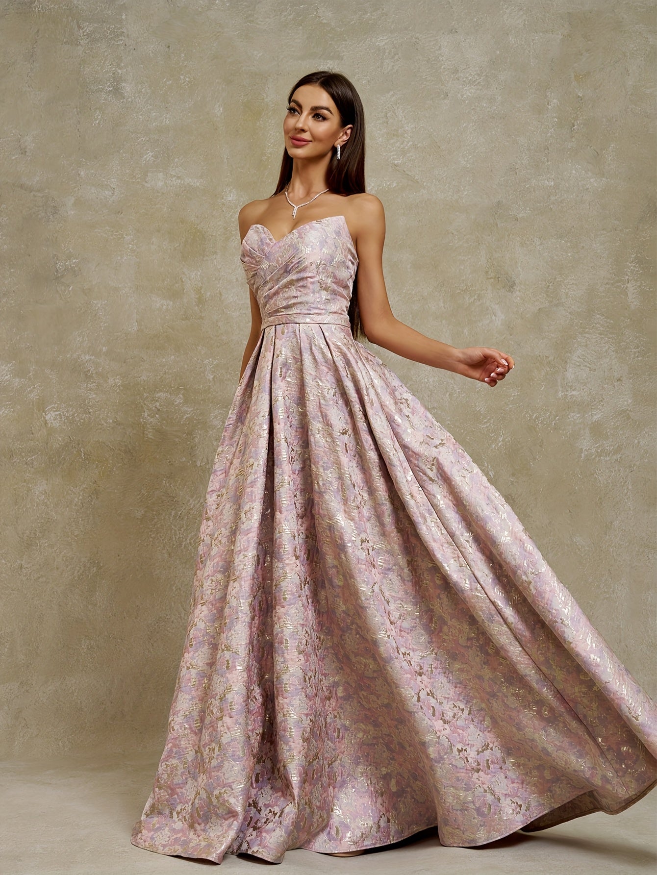 Women's Strapless Geometric Jacquard Evening Gown with Ruffled Hem - Elegant Fitted Top & Flowy Skirt, Hand Wash Only, Perfect for Weddings, Galas, Formal Parties & Family Dinners, Formal Evening Gown