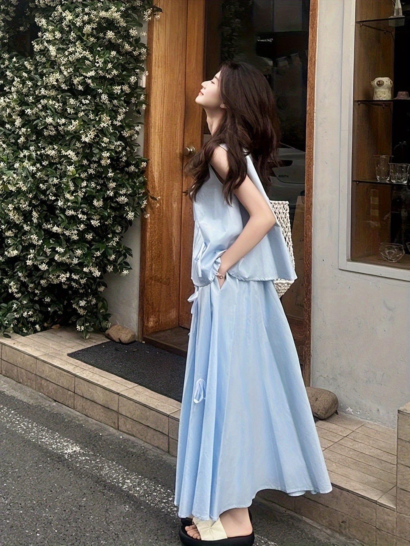 Blue French Bow Sleeveless Two-Piece Set - Women's Summer Skirt Suit