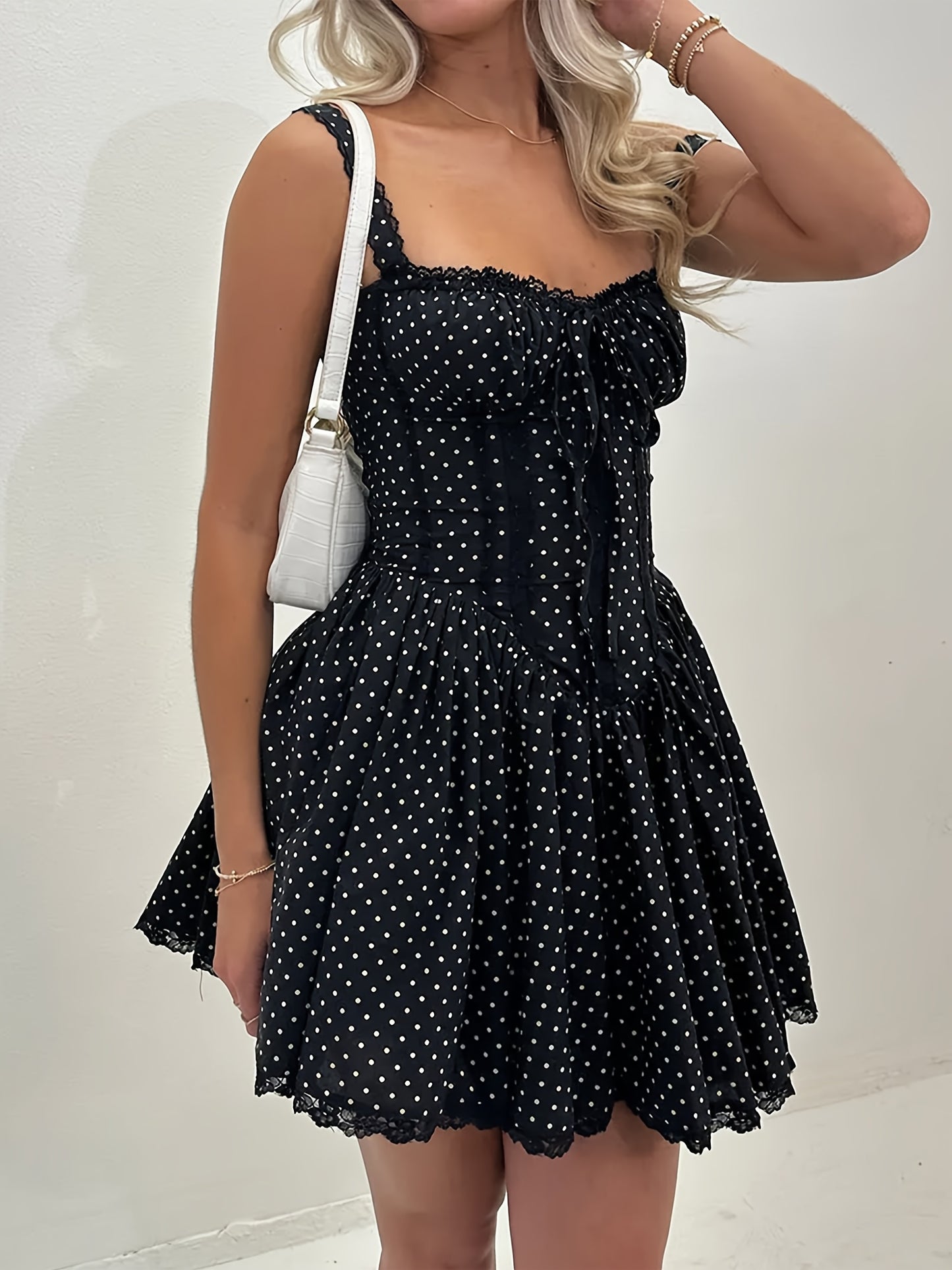 Women Spaghetti Strap Corset Dress Summer Dot Print A-Line Mini Party Dress for Cocktail Beach Streetwear