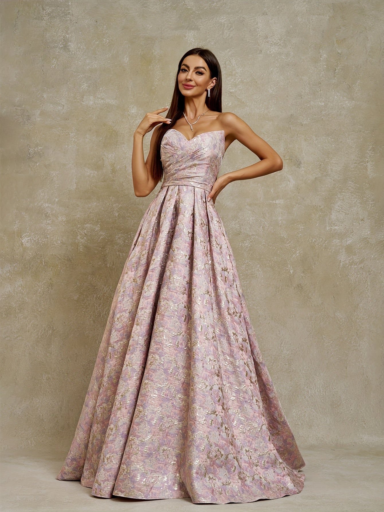 Women's Strapless Geometric Jacquard Evening Gown with Ruffled Hem - Elegant Fitted Top & Flowy Skirt, Hand Wash Only, Perfect for Weddings, Galas, Formal Parties & Family Dinners, Formal Evening Gown