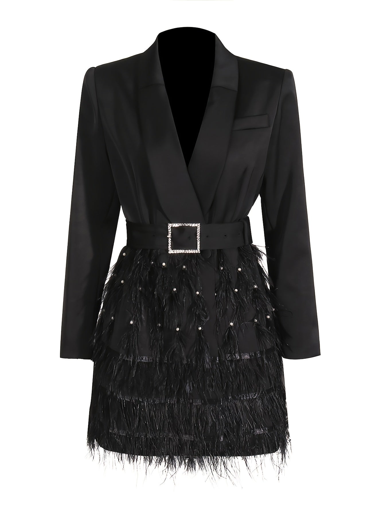 Womens Elegant Tassel Blazer Mini Dress Pearl Beading With Belt Party Wedding Prom Suit Fashion