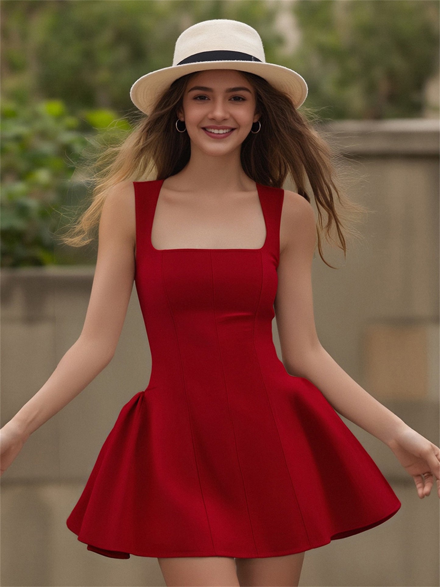 Women'S Sleeveless Mini A-Line Dress Square Neck Backless Zipper Back Ruffle Hem Elegant Solid Color Dress for Cocktail Party Wedding