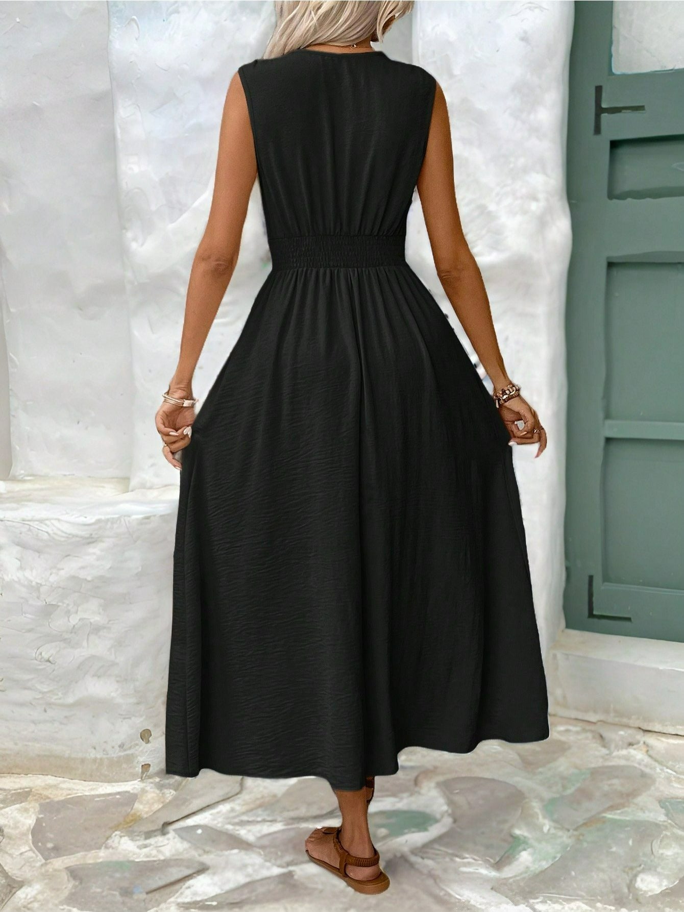Women's summer solid waist cinched and off-the-shoulder V-neck dress
