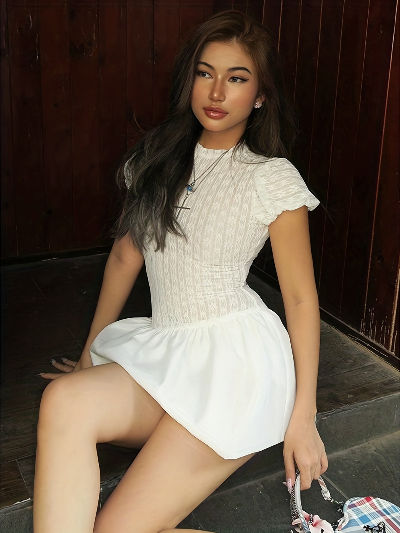 Women'S Summer Casual A-Line Mini Dress with Floral Lace Detail - Round Neck, Short Sleeve, Lightweight Polyester Blend, White with Black Floral Print, Perfect for Casual Attire, Floral Print Dress