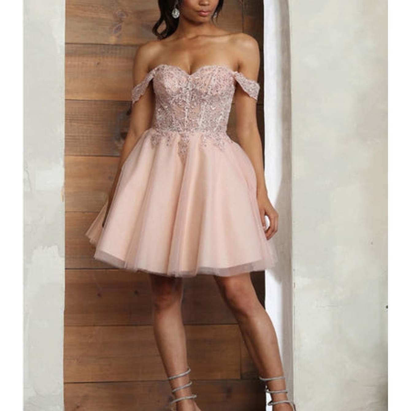 Off-Shoulder Short A-Line Glitter Tulle Cocktail Dress with Lace Corset Back