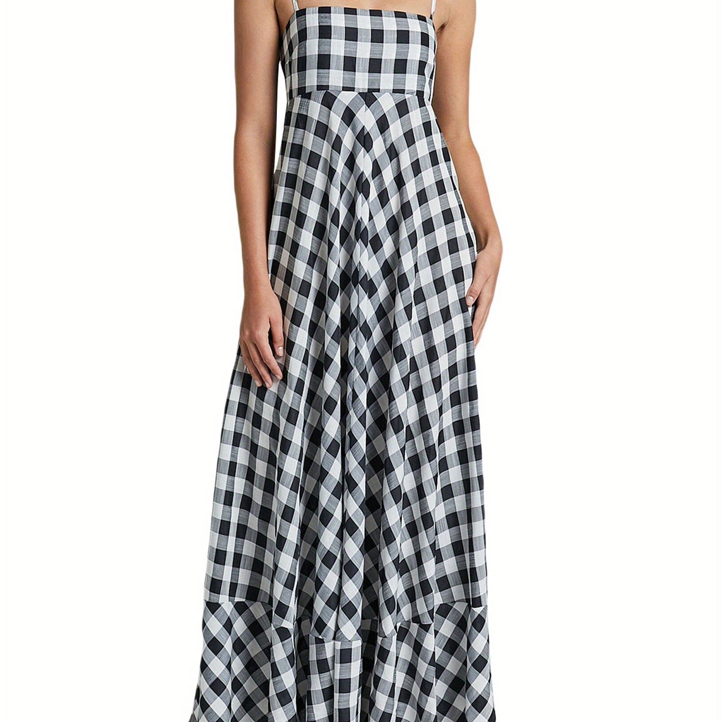 1pc Boho Chic Women'S Summer Maxi Dress - Plaid A-Line Sundress with Off the Shoulder Spaghetti Straps, Casual Polyester Knit Fabric, Flowy Swing Dress for Adults