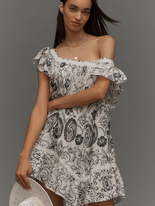 Women'S Floral Mini Dress Flutter Cap Sleeve Square Neck Babydoll Dress Bohemian Short Dress