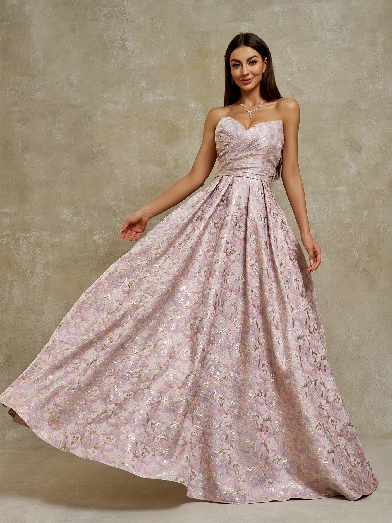 Women's Strapless Geometric Jacquard Evening Gown with Ruffled Hem - Elegant Fitted Top & Flowy Skirt, Hand Wash Only, Perfect for Weddings, Galas, Formal Parties & Family Dinners, Formal Evening Gown